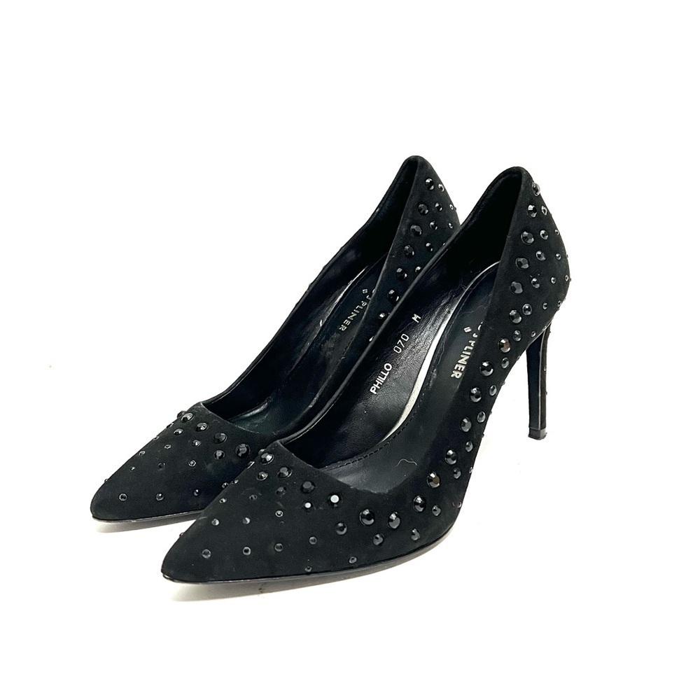 Vintage Y2K black suede faceted rhinestone pointed toe stiletto heels - Picture 6 of 8
